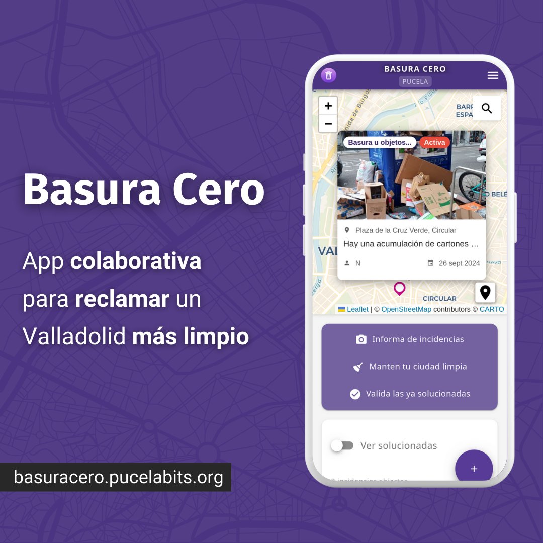 PucelaBits's tweet photo. 😕 ¿Cansado/a de ver Valladolid descuidada?

Presentamos 🚮 Basura Cero

✨Un proyecto colaborativo que permite a cualquier vecino informar de deficiencias sin solucionar

📷 Sube foto en un clic y comparte
✅ Explora el mapa y valida las solucionadas

https://t.co/TeyMl5vb68 https://t.co/LslS9CrwWW