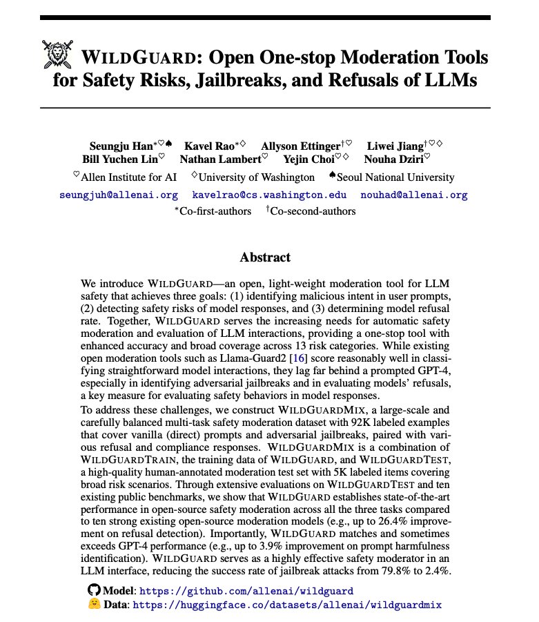 nouhadziri's tweet photo. Happy that WildGuard got accepted at #NeurIPS2024 D&amp;B🚀🎉🎉🎉🎉 

Make your LLM safer by using our safety toolkit:

⚔️WildGuard: https://t.co/9e4HLU2W1M 
🦁WildTeaming:https://t.co/1QmwdSLIld
🔧 Evaluation suite: https://t.co/1NOIBPRwwV https://t.co/ZwTZsUYhxX