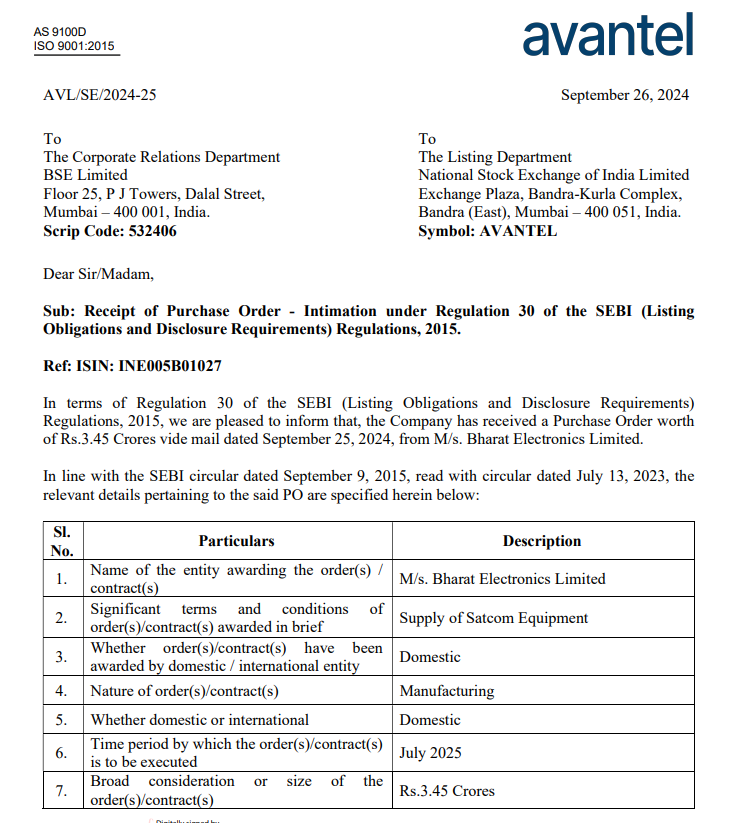 vluxeinvests's tweet image. Avantel Ltd receives a Purchase Order worth ₹3.45 Crores from Bharat Electronics Ltd for the supply of #Satcom Equipment.

🔹The order is for domestic supply, scheduled for execution by July 2025.

#Avantel #PurchaseOrder #Satcom #BEL #Manufacturing
