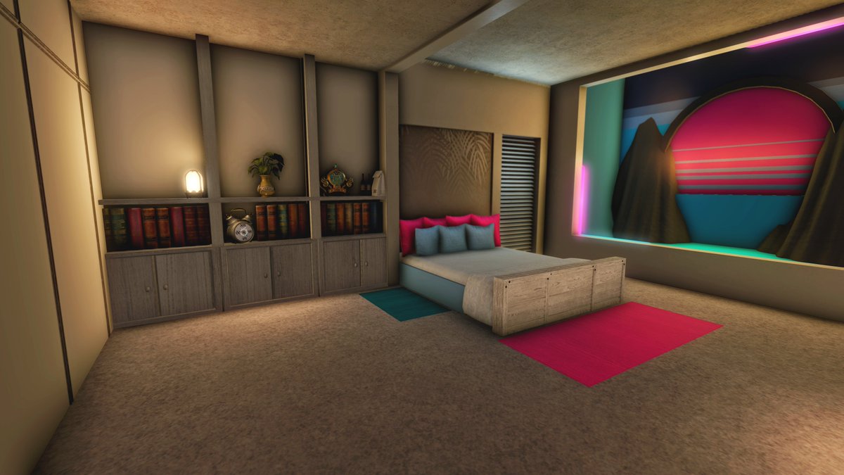 MMHomesFFXIV's tweet photo. Apartment/FC 
Synthwave Sunset Bedroom ♥

#synthwave  #ff14housing #finalfantasyxiv #hgxiv #HousingEden #FFXIVScreenshots #FF14ハウジング #neon https://t.co/6rOmCehmTi