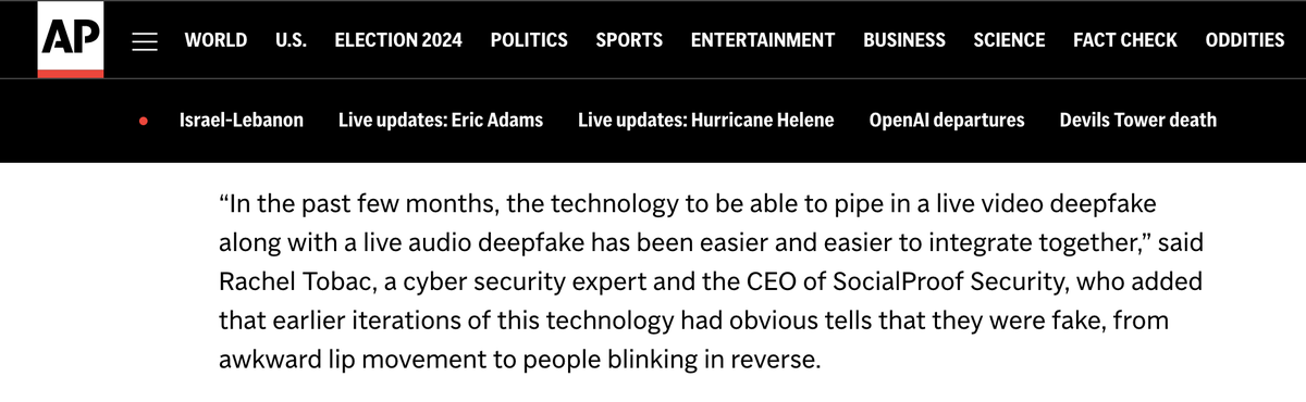 RachelTobac's tweet image. Thanks @AP @merica for discussing the live deepfake video call + AI voice clone that targeted Senator Ben Cardin pretending to the former Ukrainian Minister of Foreign Affairs.
Let's break down how this cutting edge Deepfake Social Engineering attack works & how to shut it down.