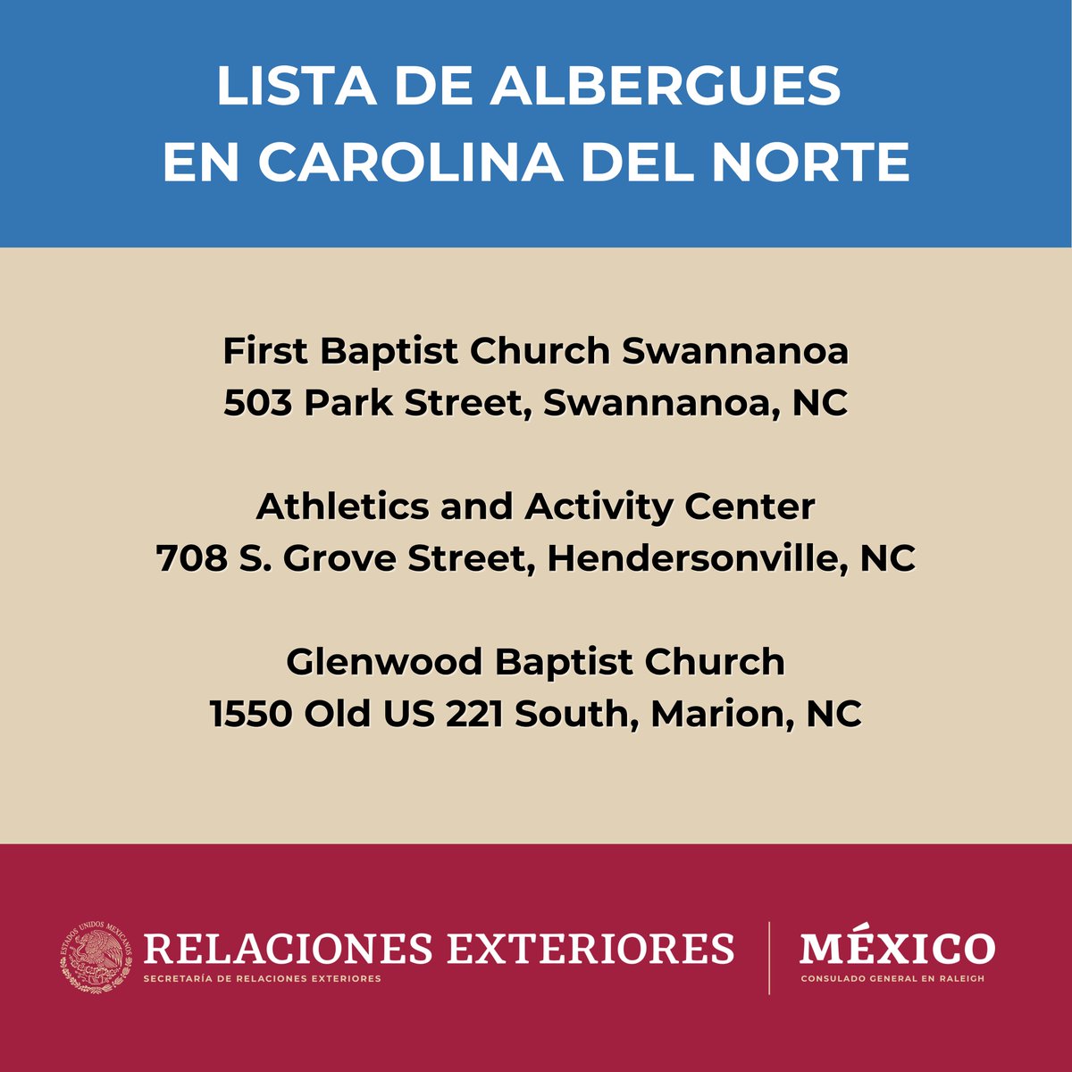 ConsulMexRlm's tweet photo. Aviso importante⚠️

A continuación se enlistan albergues para el refugio de la comunidad mexicana en Carolina del Norte, ante el huracán Helene.

#ProtecciónPreventiva
#CIAM https://t.co/OdKLaV4Cj0