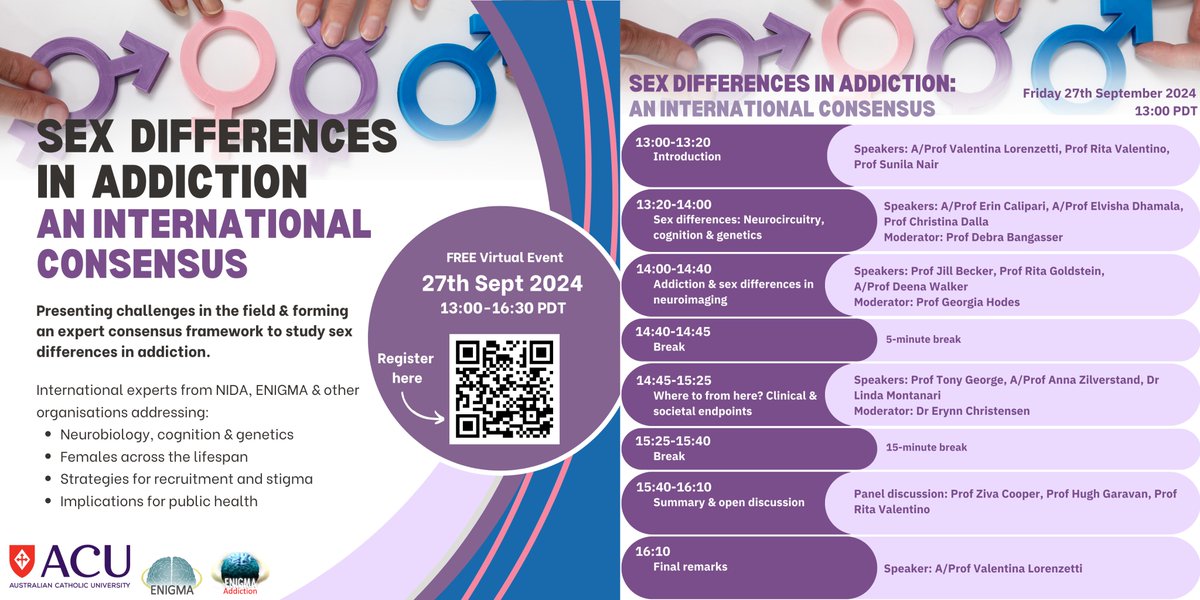📅HAPPENING TOMORROW at 1PM PT: "Sex differences in Addiction: An International Consensus Workshop" organized by <a href="/vale_addiction/">Valentina Lorenzetti (she/her)</a> <a href="/ErynnChristens1/">Erynn Christensen (she/her)</a> <a href="/issy_goodwin/">Isabella Goodwin</a> <a href="/HBMRC_ACU/">Healthy Brain and Mind Research Centre</a> <a href="/AddictionEnigma/">ENIGMA-Addiction Consortium</a>, in conjunction with <a href="/NIDAnews/">NIDAnews</a>
Register forms.gle/8P8qAvWhdWedFk…
Info enigma.ini.usc.edu/events/upcomin…