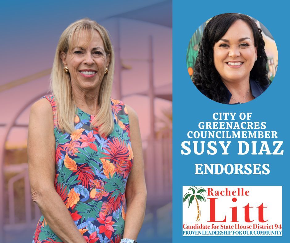 RLittForFlorida's tweet photo. I'm incredibly honored to have the endorsement of Susy Díaz, a native of Palm Beach County and a dedicated council member for the City of Greenacres. For over three decades, Susy has been deeply involved in serving our community through her work in the public, private, and non-profit sectors. Her contributions on numerous boards and committees, including the Hunger Relief Advisory Council, Hispanic Human Resource Council, League of Cities, the Leadership PBC Class of 2021, and the Hispanic Chamber of Commerce Advisory Council, highlight her unwavering commitment to our community.

As we celebrate Hispanic Heritage Month, I am especially proud to stand alongside Susy as we fight for a future where every family has access to affordable healthcare, housing, and equal opportunities. Her endorsement means so much, and together, we will keep pushing for a stronger, more united Florida.

#HispanicHeritageMonth #TeamLitt #FLHD94 #CommunityFirst #Greenacres #GetLitt #WeAreNotGoingBack