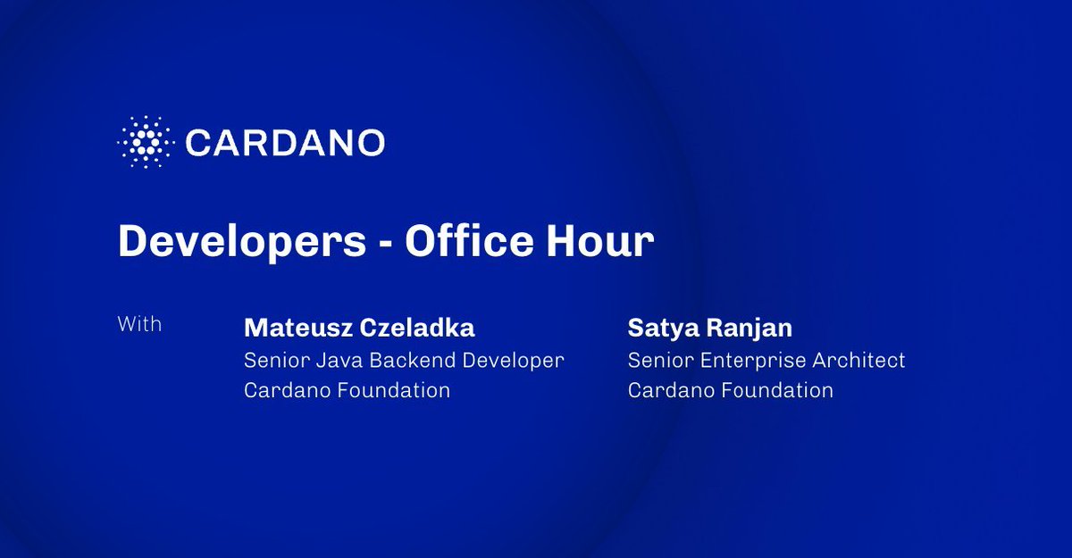 Cardano Community (@cardano) on Twitter photo Join us tomorrow for the sixth Developers' Office Hour!
๐
Date: Friday, 27 September
๐ Time: 10:00 โ 11:00 CEST
๐งโ๐ป Experts:
<a href="/matiwinnetou/">$matiwinnetou | Cโณrdano Fโณns (CRFโณ)</a>
<a href="/satran004/">Satya | BloxBean</a>
๐ Google Meet: meet.google.com/jpg-xqfq-mcy
Connect with experts and get your questions answered! Join us tomorrow for the sixth Developers' Office Hour!
๐
Date: Friday, 27 September
๐ Time: 10:00 โ 11:00 CEST
๐งโ๐ป Experts:
<a href="/matiwinnetou/">$matiwinnetou | Cโณrdano Fโณns (CRFโณ)</a>
<a href="/satran004/">Satya | BloxBean</a>
๐ Google Meet: meet.google.com/jpg-xqfq-mcy
Connect with experts and get your questions answered!