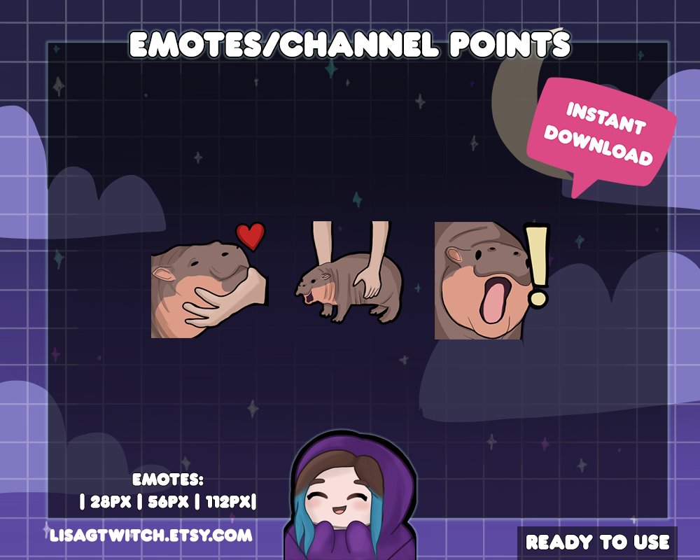 Lisa_G2202's tweet photo. Finally been making some emotes again! Enjoy some free twitch emotes of Moo Deng, the hippo that has captured all of our hearts! 🦛💜

Find them at -> https://t.co/777rmsI1qn https://t.co/iqIurX2OGR