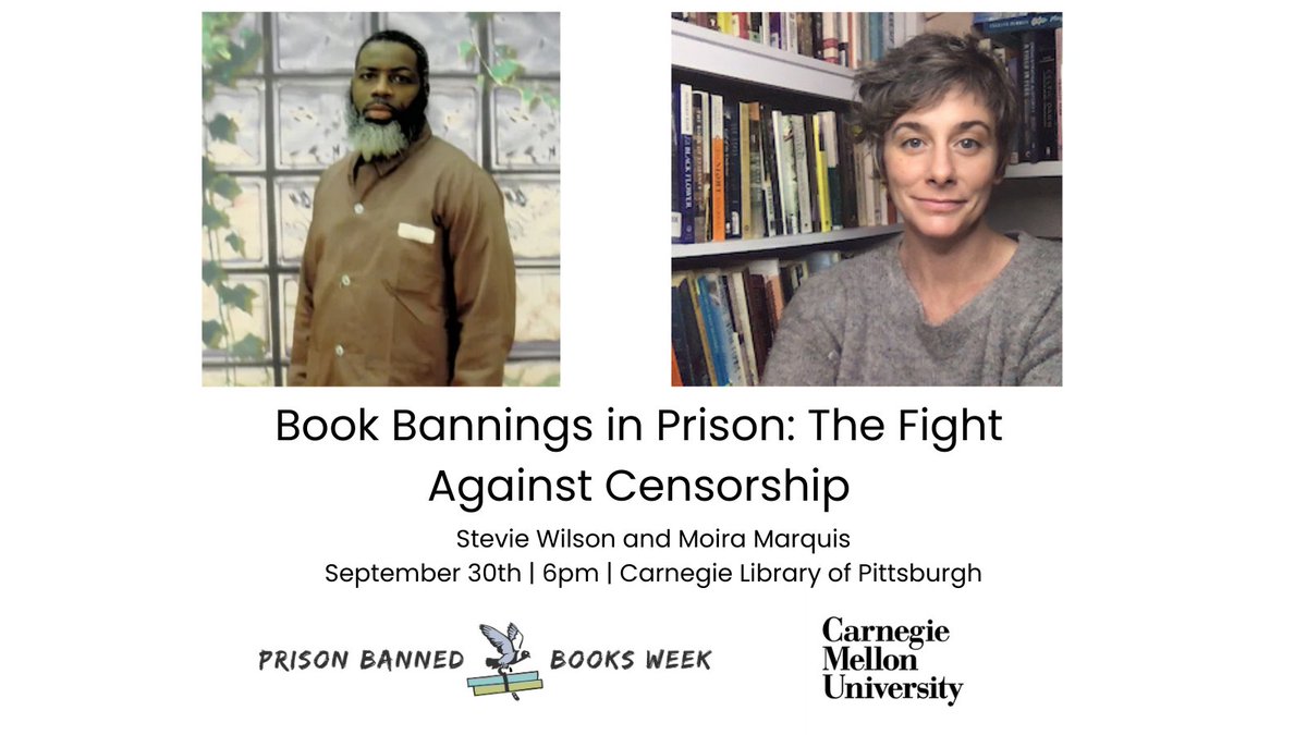 SaxapahawB's tweet image. Monday #prisonbannedbooksweek continues with @AlwaysStevie and Moira Marquis discussing prison censorship and what we can do to enable intellectual freedom behind bars. Join us in-person and virtual! Register here: events.cmu.edu/event/11079-bo…
@CarnegieMellon @PGHPBP @whitewhalebks
