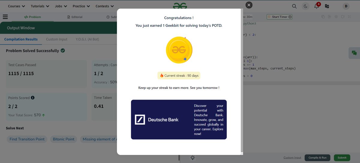_dhruvi__xxvi's tweet photo. 🔥Day 15 of 21 days of POTD challenge on
@geeksforgeeks powered by @DeutscheBank.
POTD: Roof Top🏙️
#geekstreak2024 #DeutscheBank #geeksforgeeks #dailycode #POTD #programmingisfun #algorithm #ChallengeAccepted https://t.co/YycWH6NFXA