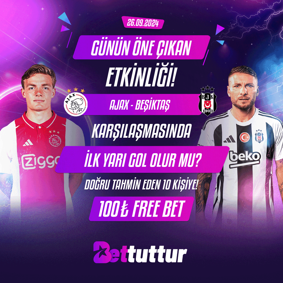 🎁 Bettuttur’dan 100₺ freebet kazanma şansı

⚽️ Ajax - Beşiktaş karşılaşmasında ilk yarı gol olur mu?

📝Kul adı ve tahminini yaz
📝3 arkadaş etiketle beğeni ve rt yap
📝X hesabımızı takip et

❗️son işlem etkinlik olamaz

📲 bettuttur.link