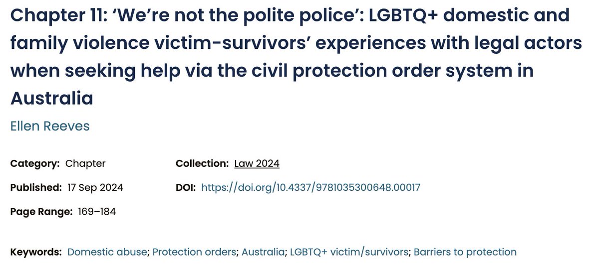 Thrilled to be part of this important edited collection. My chapter looks at the barriers to engagement with civil protection order systems for queer victim-survivors.