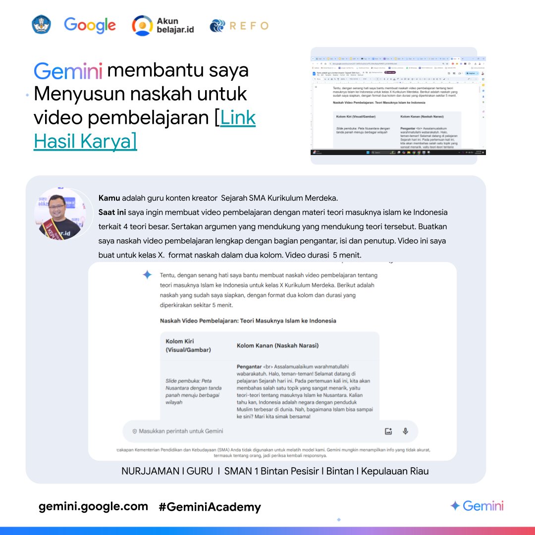 Berbagi cara menggunakan GEMINI AI untuk membuat naskah video pembelajaran dan dibagikan di PMM. #GeminiAcademy  <a href="/RefoIndonesia/">REFO Indonesia</a>  dan <a href="/googleindonesia/">Google Indonesia</a>