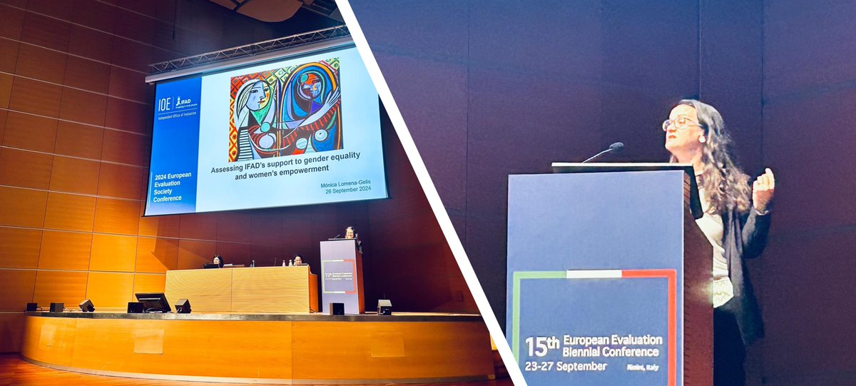 IFADeval's tweet photo. Dr M. Lomeña-Gelis, IOE Sr. Evaluation Officer, presents alongside Dr D. Podems, Johannesburg & Stellenbosch Universities; & S. Zaveri, EvalGender+, at #EES24 during the session titled ‘Integrating gender approaches and feminist values into global evaluations that address SDG5’. https://t.co/PR09JsfjnX