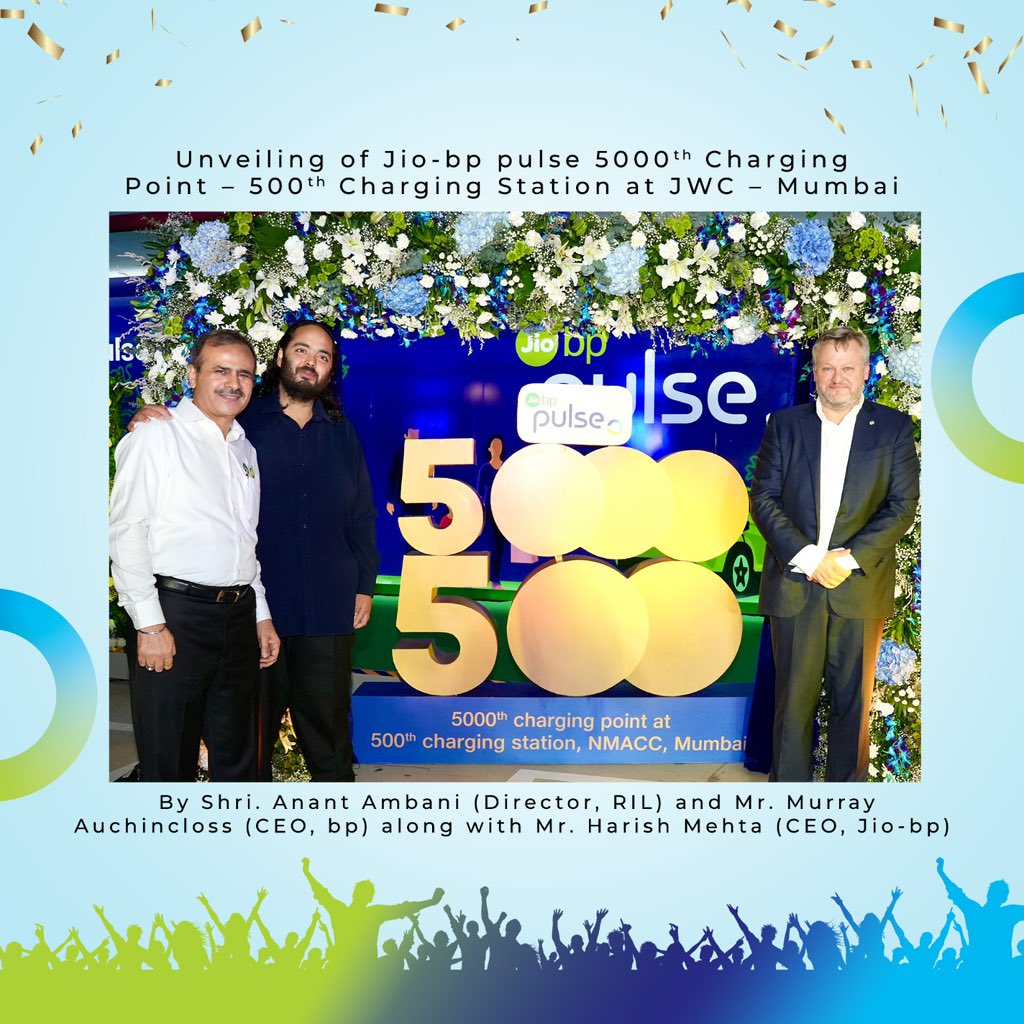 Jiobpofficial's tweet photo. We are proud to launch our 5000th charging point at the 500th charging station at JWC, Mumbai. To grace this occasion, Shri Anant M Ambani, Director, RIL, and Mr. Murray Auchincloss, CEO, bp, officially inaugurated the new station.

#EVolvetopulse #ElectricMobility #JioWorldPlaza https://t.co/ZPyh9IqPtr