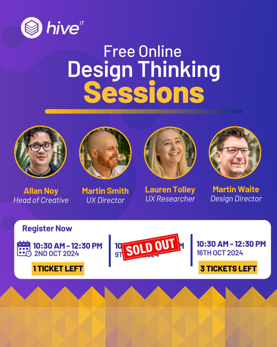 HiveIT_uk's tweet image. 🚨 Our free online Design Thinking workshops are selling out quickly with only a few spots left. Learn to generate creative ideas, understand user needs, and develop successful projects. The last remaining tickets are here linktr.ee/hiveit #DesignThinkingWorkshop #UX