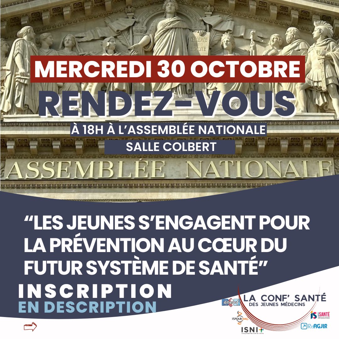 ReAGJIR's tweet photo. 📣 Conf’ santé des jeunes médecins 

Les représentants des jeunes médecins s’associent et vous donnent rdv le 30 octobre à l’@AssembleeNat pour un événement inédit sur le thème de la prévention ⚕️

➡️ Inscription ouverte à toutes et tous : https://t.co/Ax5YTl3K8b https://t.co/XlqSDYivEt