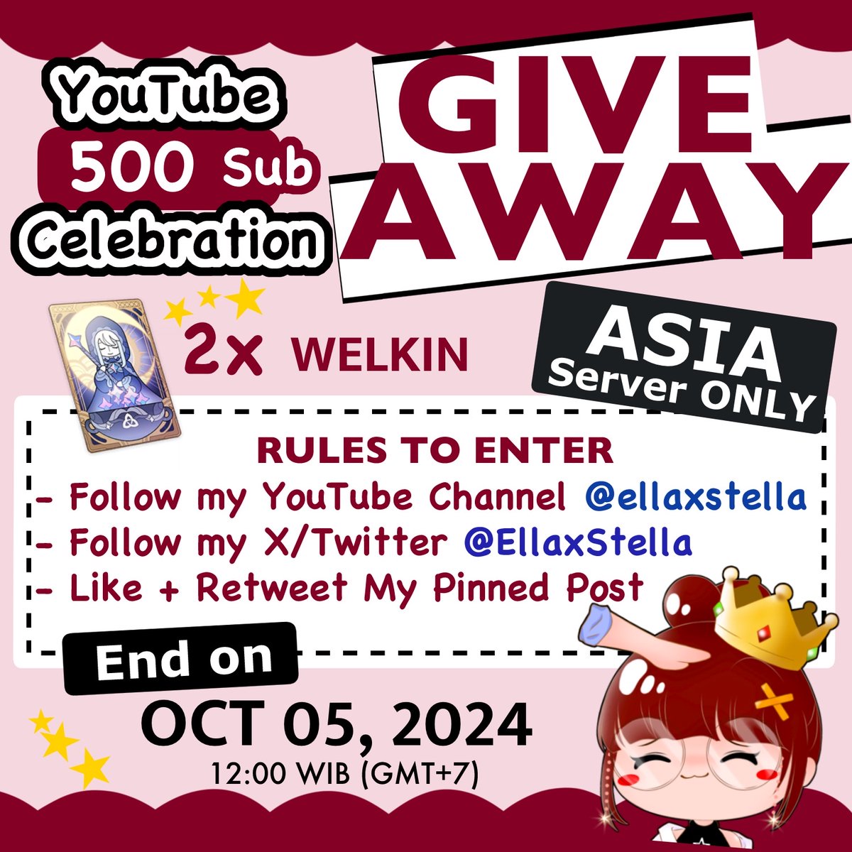 EllaxStella's tweet photo. THANK YOU FOR THE 500 SUBS!!  
For celebrate it I will GIVEAWAY 2 WELKIN  Only for ASIA Server.  

 - Follow My YouTube (https://t.co/lBNbVHAbsf)  
- Follow My X/Twitter   
- Like + RT my Pinned Post  

End on Oct 05, 2024. 
⏰12:00 WIB (GMT+7).

Goodluck Sparkle✨ https://t.co/KVxYaER6ie