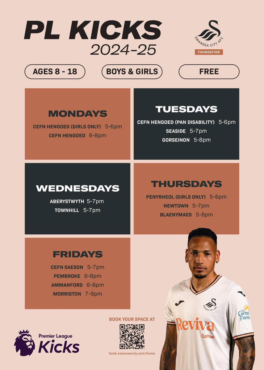 llwynyreos's tweet photo. Fantastic opportunity to get involved in PL kicks. Free football sessions @SwansOfficial here in Aberystwyth. Scan the QR code to sign up! https://t.co/dO8ifYoT55