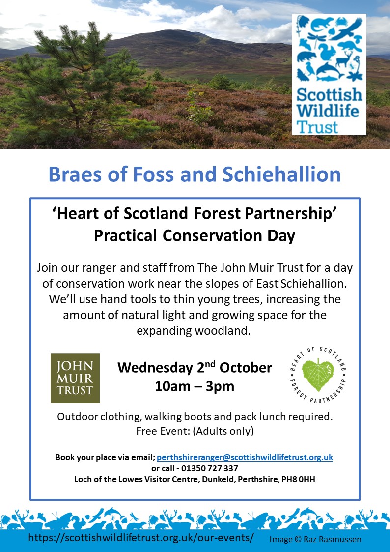 If you fancy a spot of exercise, banter &amp; fresh air, our next 'Heart of Scotland Forest Partnership' session is taking place with colleagues from the John Muir Trust next Wednesday 2nd October.

Click on the link below to book your place. 👇🌲🌳☕️
scottishwildlifetrust.org.uk/our-events/hea…