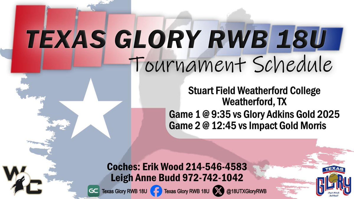 Texas Glory RWB 18U will be at Weatherford College this Sunday, come out and cheer them on as they kickoff their Fall Season.