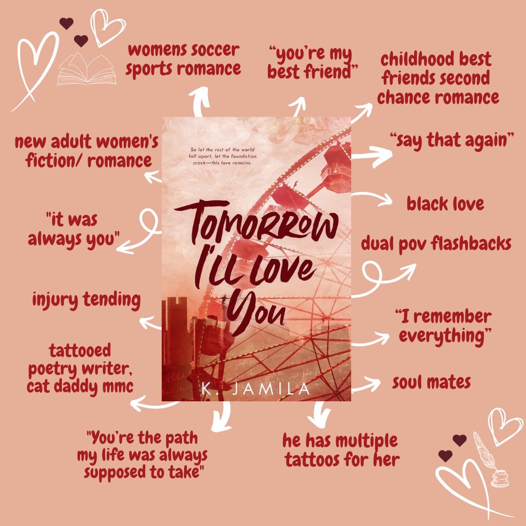 Hi! Today is the day TOMORROW ILL LOVE YOU is officially out!

🧡 second chance romance x childhood best friends
✨women’s soccer sports romance 
🧡 he’s a poet 
✨ daddy issues (he’s her coach)
🧡 chaotic teammates 
✨and a love that feels like a million little tiny stars