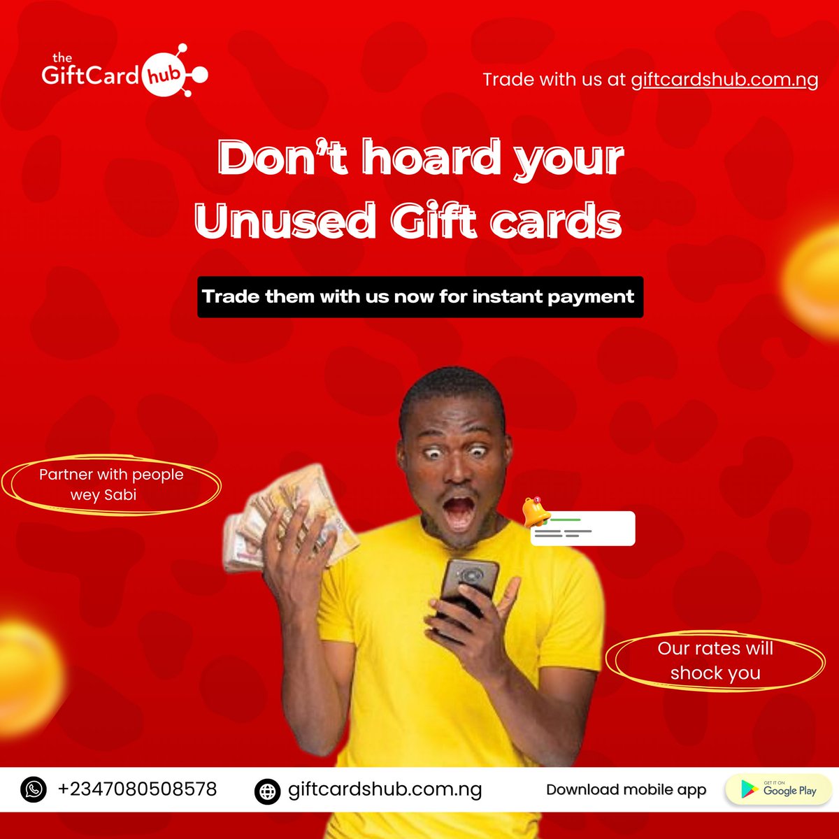 giftcardshub_ng's tweet photo. Don’t let those unused gift cards collect dust! 💳✨ 

Trade them with us today for instant payment because why wait? 

Partner with people wey sabi! 😉 Our rates will shock you. 

Ready to cash out? Hit us up now!

📲 +2347080508578
🌐 https://t.co/56jbf0XYvB https://t.co/Txc1OTR2iq
