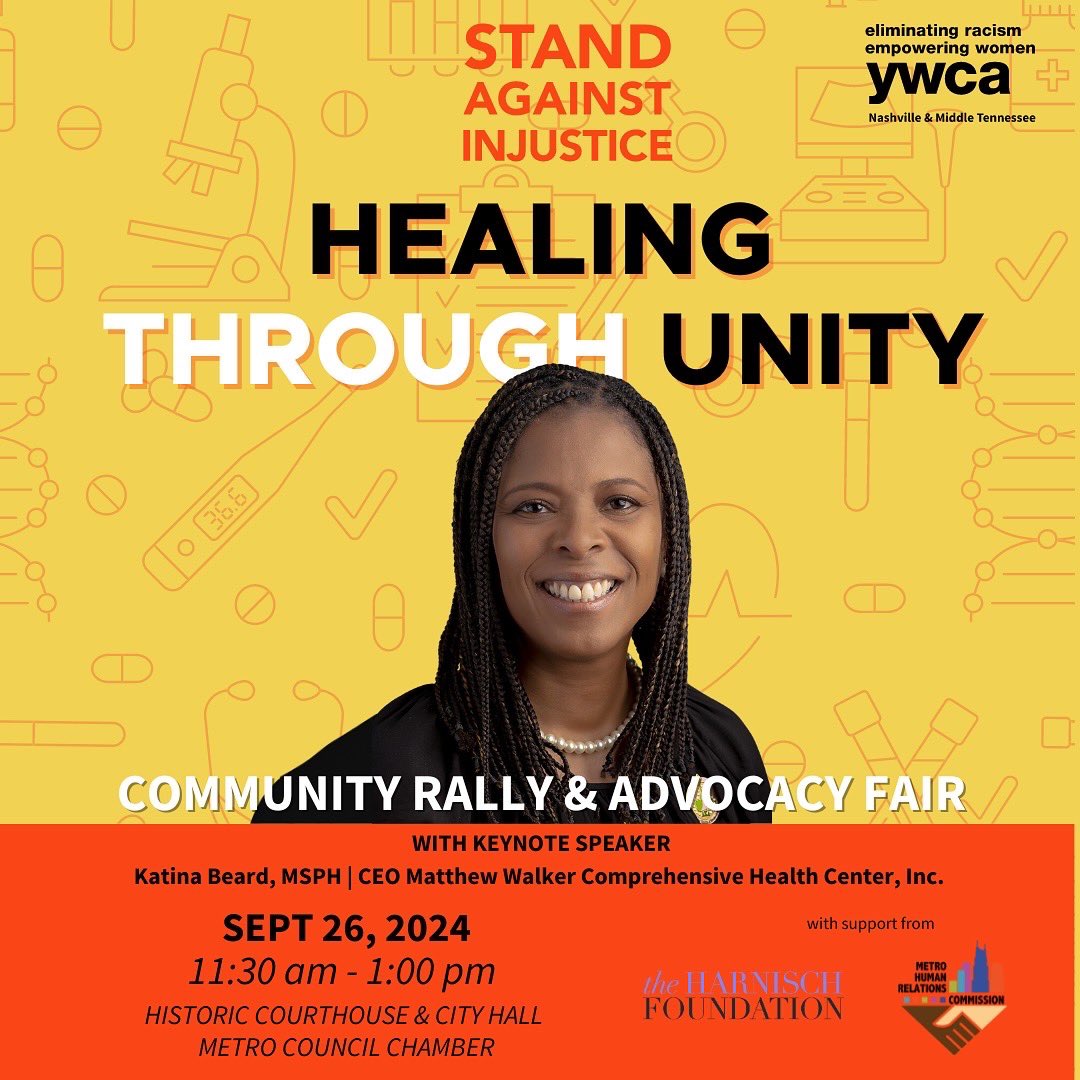 YWCANashville's tweet image. Join us TODAY for our annual Stand Rally inside Metro’s Historic Courthouse &amp;amp; City Hall! We’ll unite against hate, racism &amp;amp; injustice! Hear from keynote speaker Katina Beard and special guests @freddieoconnell , @angienashville , and community leaders. #healingthroughunity