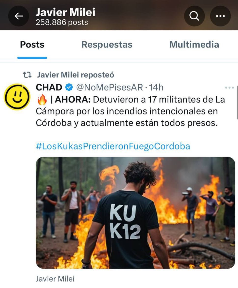 la_campora's tweet photo. [¿LO SABÍAS?] El presidente Javier Milei está boludeando en Twitter mientras se incendia una provincia. 

No hay 17 militantes de La Cámpora detenidos por los incendios en Córdoba… ya lo desmintió hasta el ministro de seguridad de la provincia. 

Lo que sí hicimos fue impulsar una modificación de la Ley de Fuego en 2020 para evitar que estos incendios sigan ocurriendo. 

🔗 https://t.co/wDXxyQt968