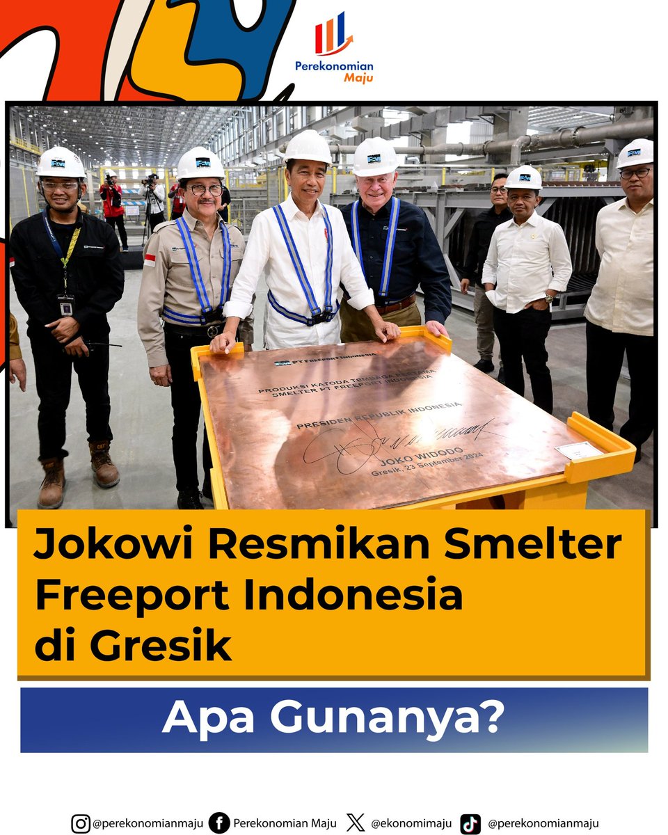 ekonomimaju's tweet image. Caption

Presiden Jokowi meresmikan smelter PT Freeport di Gresik senilai Rp 56 triliun, yang mengolah 1,7 juta ton konsentrat tembaga. Smelter ini dapat meningkatkan nilai tambah dan mendukung industrialisasi.

#PerekonomianMaju
#JokoWidodo
#FreeportIndonesia
#Industrialisasi