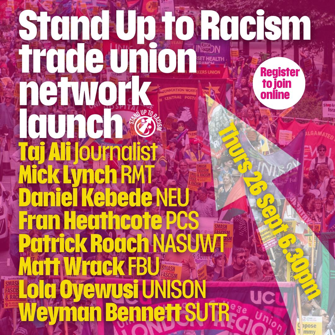 AntiRacismDay's tweet photo. 🔥Now 700+ registered for tonight's launch: trade union network to stop the far right - don't miss it, register to get Zoom: https://t.co/IvWksMElYA
🕡 6.30pm - 7.45pm: main session with speakers including: @PatrickR_NASUWT @NASUWT, Mick lynch @RMTunion, @DanielKebedeNEU @NEUnion, @FranHeathcote @pcs_union, @MattWrack @fbunational, @CllrLolaOyewusi @unisontheunion, @Taj_Ali1 & @weymanbennett1 
🕢 7.45pm - 8.30pm Breakout sessions by region/nation