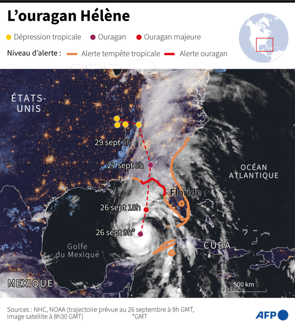 afpfr's tweet image. Des milliers d&apos;habitants ont commencé à évacuer les côtes de la Floride, dans le sud-est des Etats-Unis, en vue de l&apos;arrivée prévue jeudi de l&apos;ouragan Hélène #AFPGraphics ⤵️