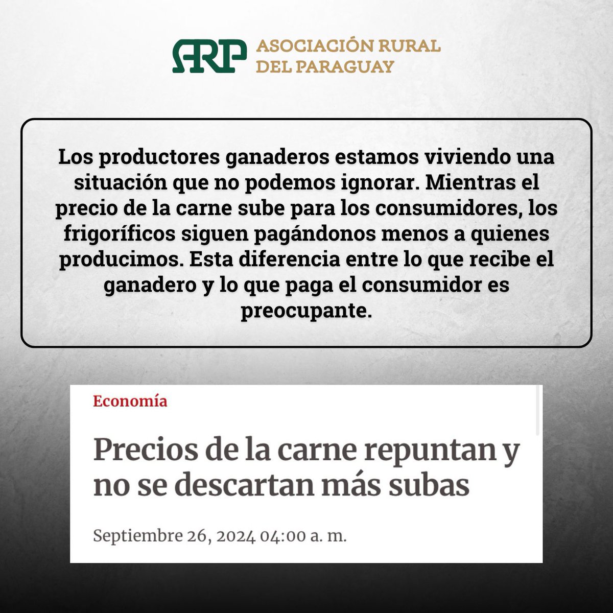arp_py's tweet photo. ¡ES PREOCUPANTE LA DIFERENCIA DE PRECIOS QUE PAGAN LOS CONSUMIDORES POR LA CARNE Y LO QUE RECIBEN LOS PRODUCTORES POR SU GANADO! https://t.co/9KJ0V7sOl5
