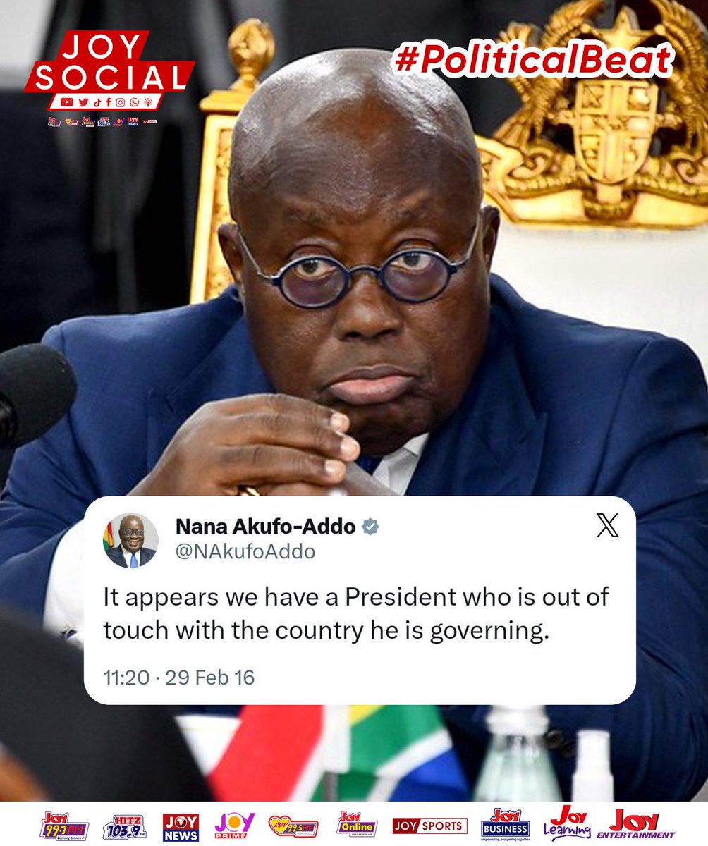 JoyNewsOnTV's tweet photo. It appears we have a President who is out of touch with the country he is governing - @NAkufoAddo to the erstwhile @JDMahama administration

#ElectionHQ || #Politicalbeat https://t.co/2LErppAOYE