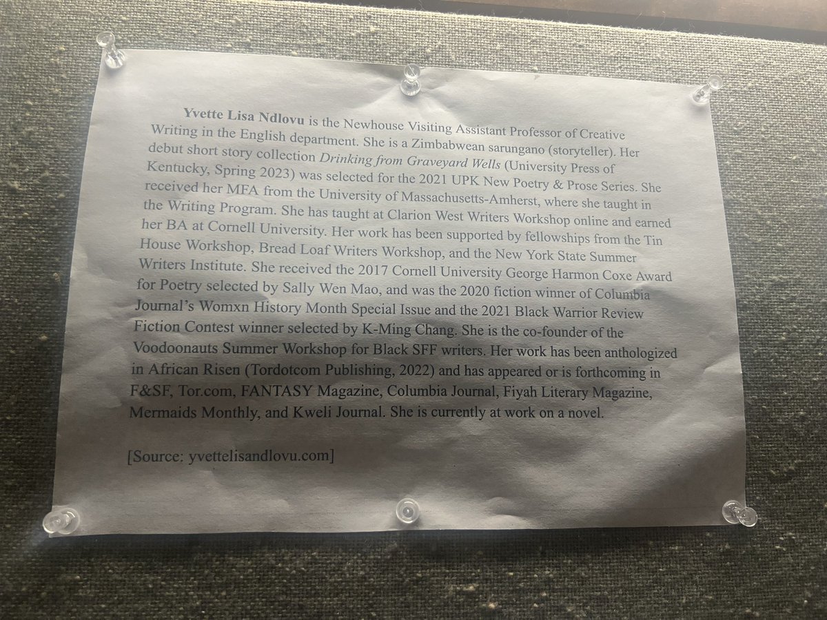 drDendere's tweet photo. An entire wall dedicated to the incredible @Wellesley Professor Yvette Ndlovu @Lisa_teabag. I f you haven’t read her books - you must NOW. She writes in the tradition of Sarungano. I get scared easily but even I read &amp; enjoyed her latest book. So proud! https://t.co/3kINEUeLUb