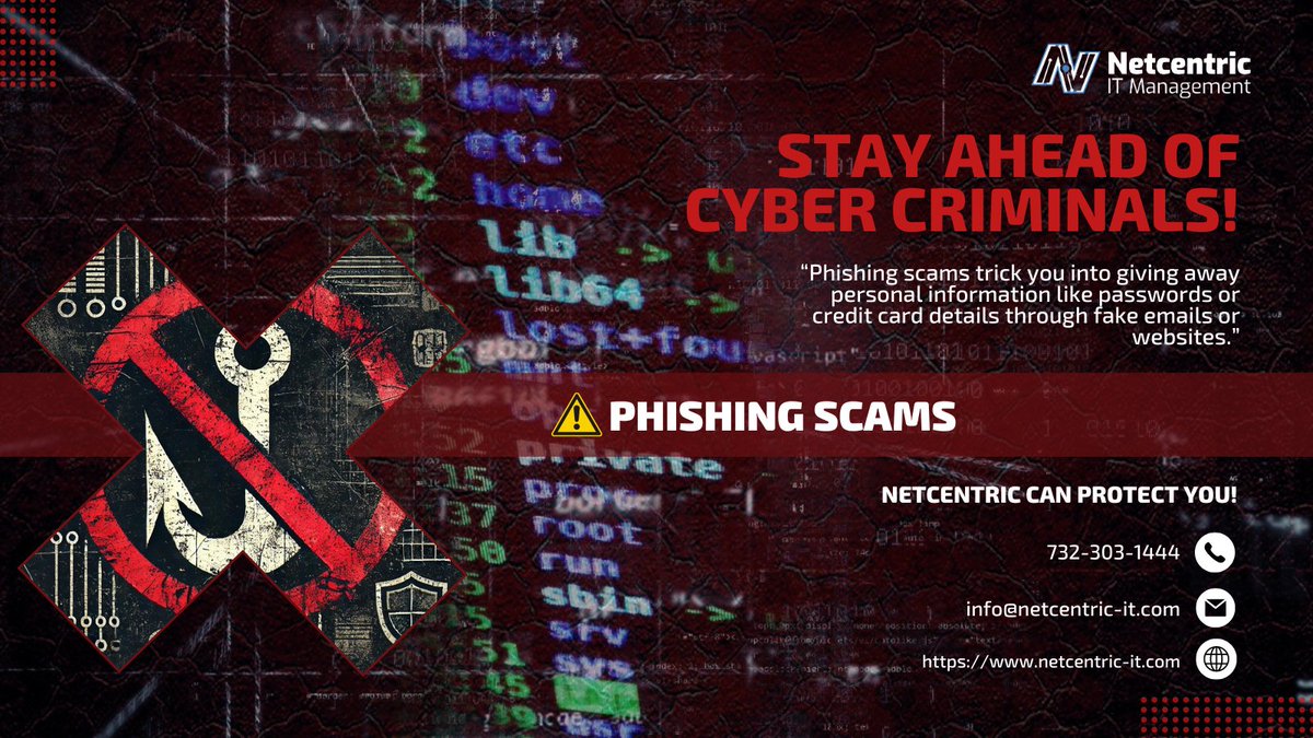 NetcentricIT's tweet photo. 📷 Protect Your Business from Phishing Attacks!
Train your team to spot scams and safeguard your data with NetCentric’s advanced phishing protection.
Get protected today! #CyberSecurity #PhishingAwareness #NetCentric https://t.co/5ulYDkXobd