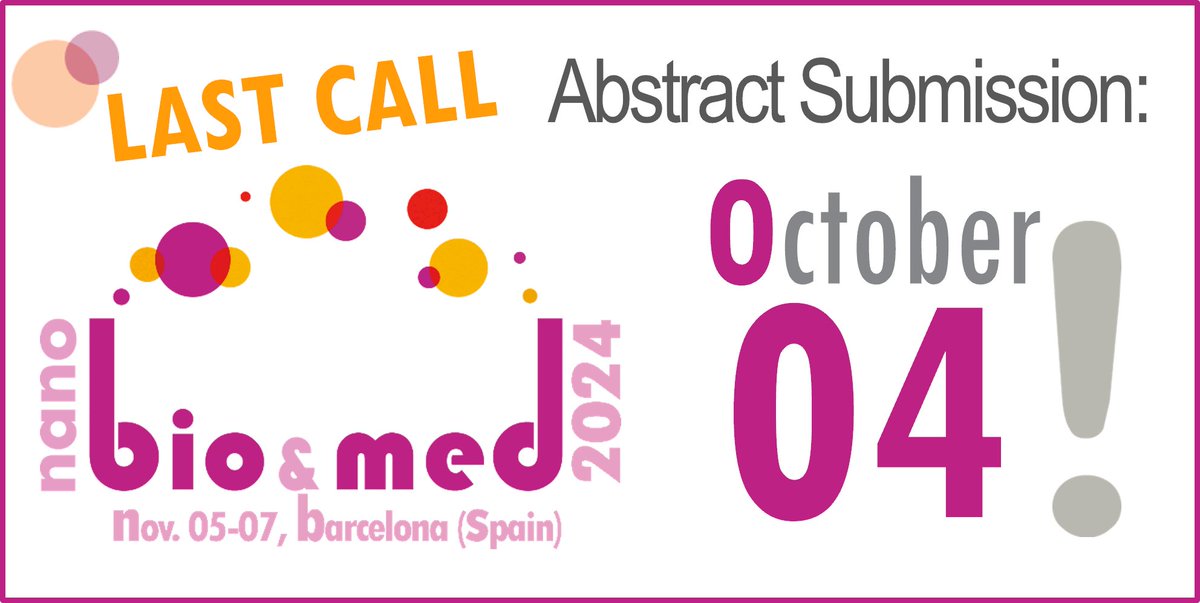 🚨 Last Call! 🚨 Don’t miss your chance to present your research at NanoBioMed2024! Submit your abstract for an oral or poster presentation by Oct. 4 and join us in Barcelona from Nov. 5-7. 
Showcase your work in #Nanobiotechnology &amp; #Nanomedicine 🌟🔬
#Biotechnology