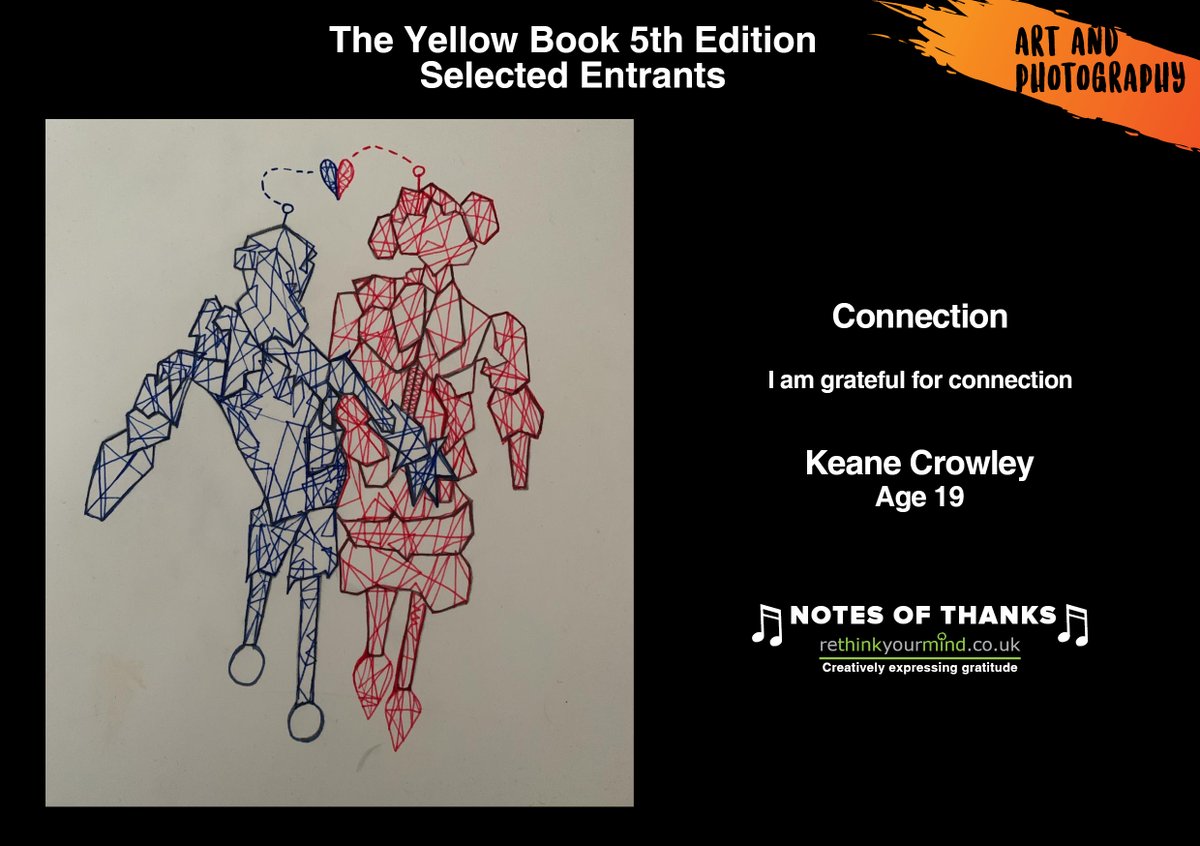 Congratulations Keane Crowley! 
Selected by the assessors to be published in the 5th edition of the creative wellbeing resource #TheYellowBook!

Enjoy them all👉 rethinkyourmind.co.uk/the-yellow-boo…

#NotesOfThanks to everyone for Creatively Expressing Gratitude to uplift &amp; inspire!