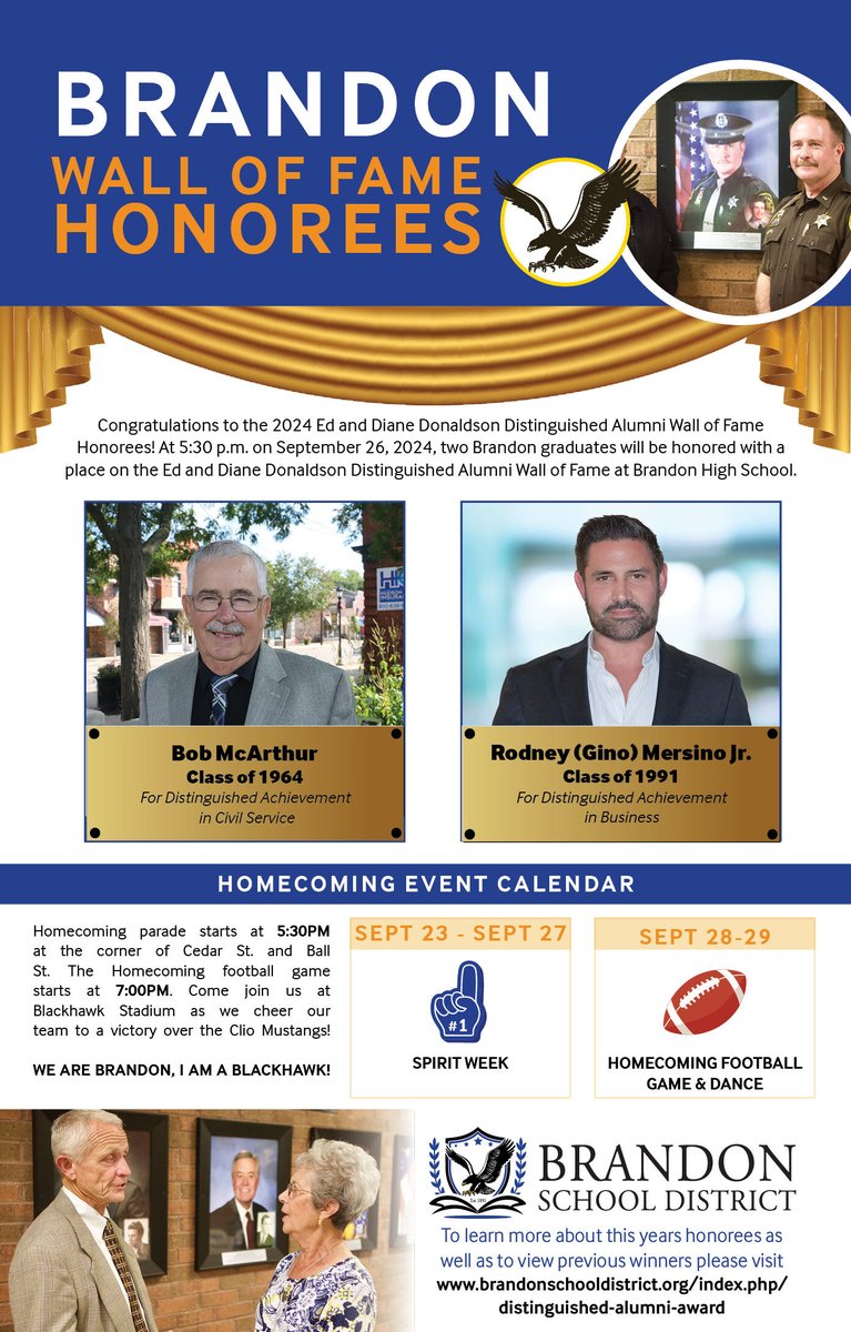 Don't forget to join us tonight (Thursday September 26th) at 5:30pm to celebrate the 2024 Ed and Diane Donaldson Distinguished Alumni Wall of Fame Honorees. Bob McArthur (Class of 1964) and Rodney Mersino Jr. (Class of 1991).

Read more about their achievements on our website: