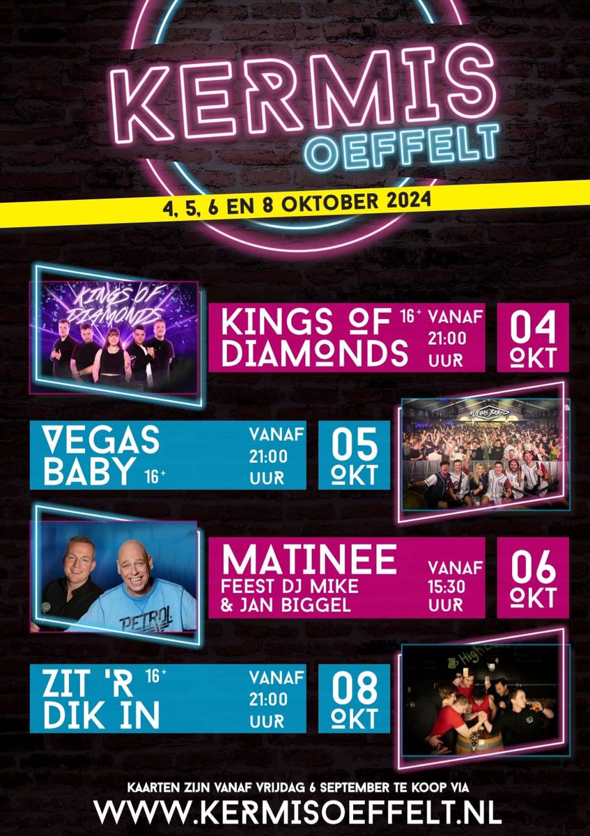 Op zaterdag 5 oktober bezorgt VEGAS BABY jou een avondje Las Vegas! 
Een avond vol entertainment, muziek en show. Een uitgebreid programma van diverse medleys knallen ze vanaf minuut 1 het dak eraf! 

alle grote hits komen voorbij!

Tickets zijn te koop op kermisoeffelt.nl