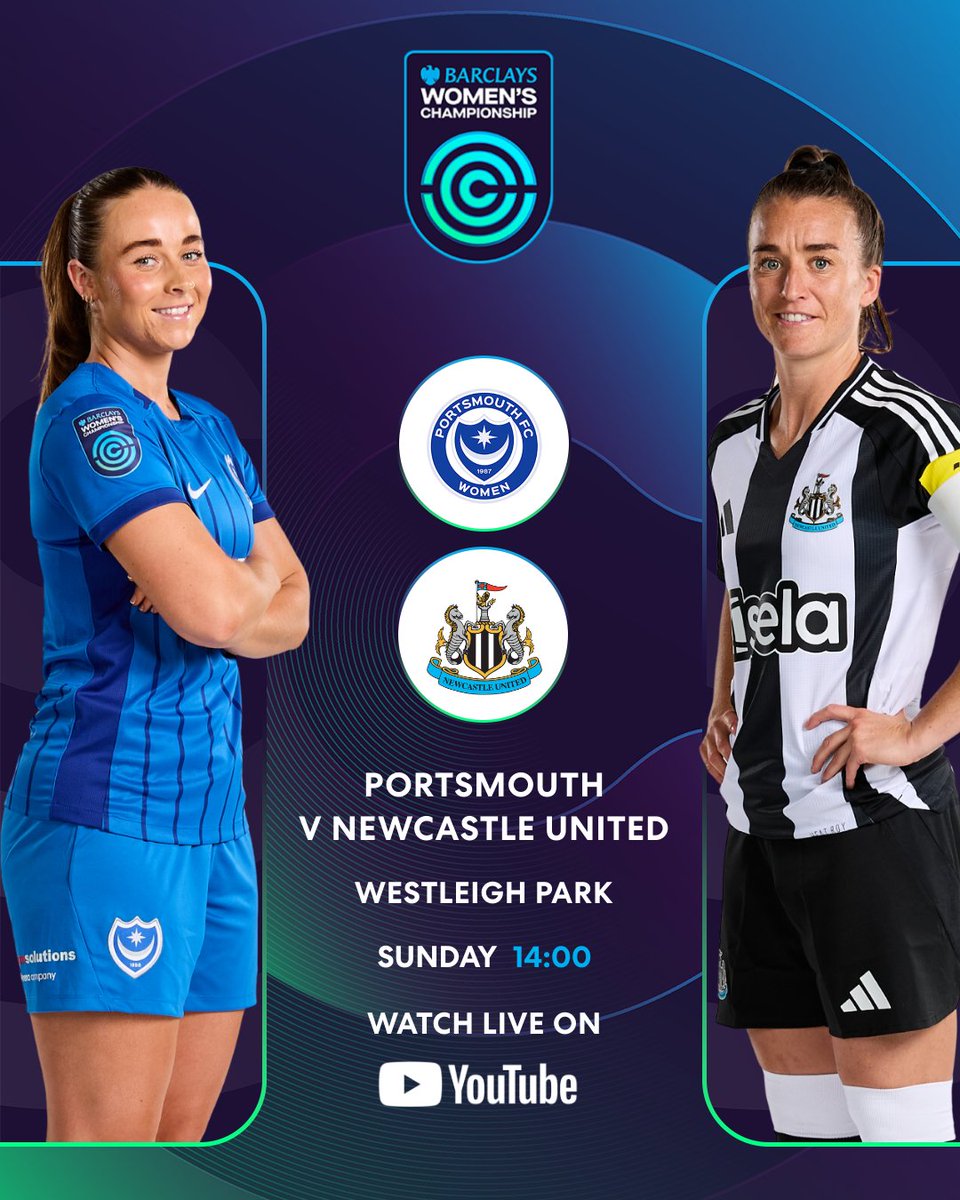 BarclaysWSL2's tweet photo. Live on YouTube today!

@PompeyWomen 🆚 @NUFCWomen 

Get notified when the stream starts here:
https://t.co/MI8SvDMHbM https://t.co/QQzafm9Qnn