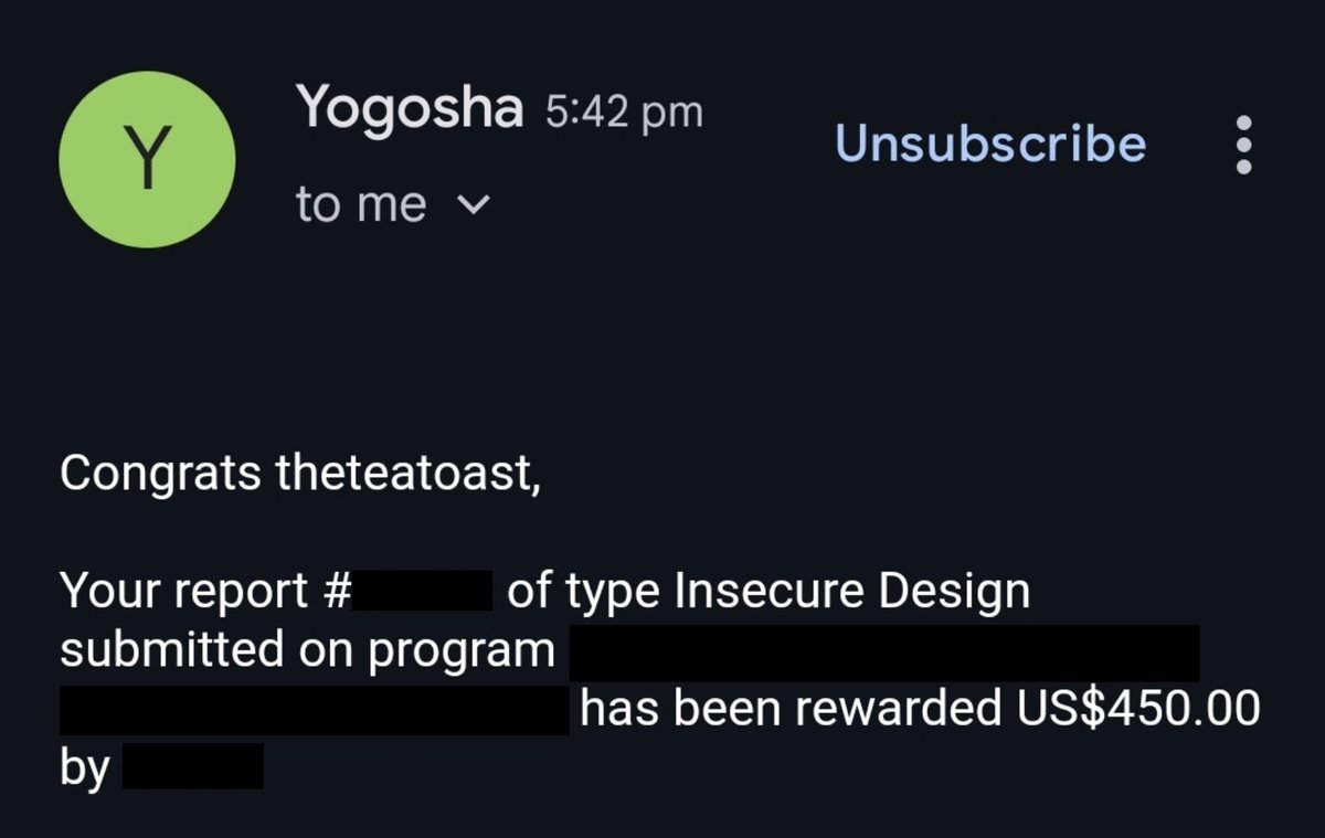 TheTeaToast's tweet photo. Got seriously bored writing those endless pentest reports... until a private invite from Yogosha landed🥳
#bugbounty #yogosha https://t.co/Um0RJysYoB