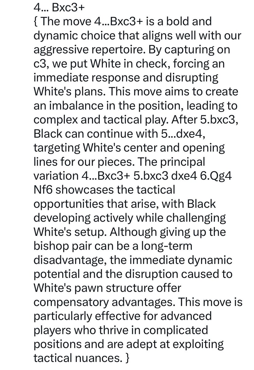 Test of my opening builder that combines chatGPT, <a href="/lichess/">lichess.org</a> opening explorer, and <a href="/stockfishchess/">Stockfish Chess</a>. Here is a test output after the opening moves:

1. e4 e6 2. d4 d5 3. Nc3 Bb4 4. a3 Bxc3+ Bxc3+