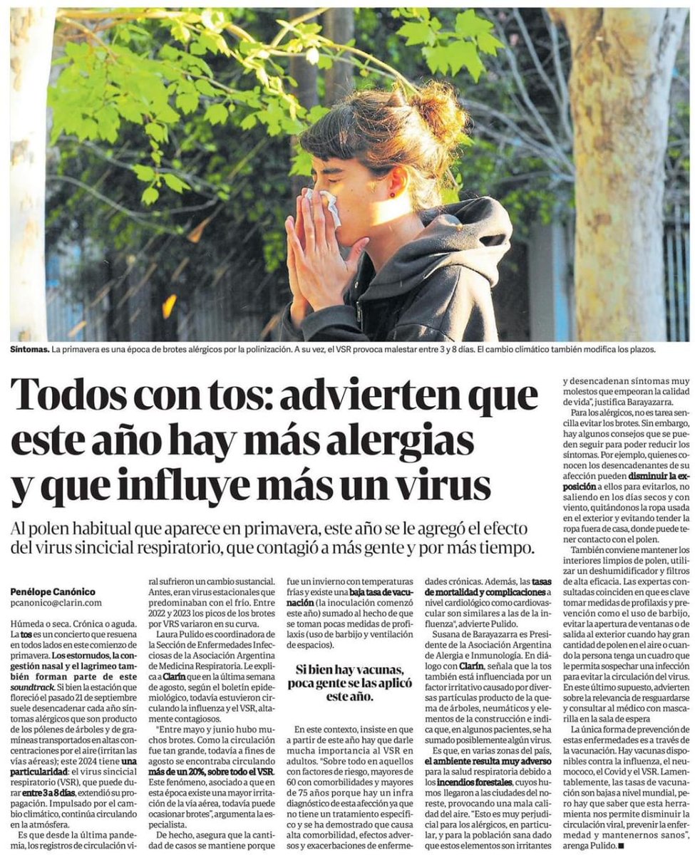 LauraPuli11's tweet photo. Nota en Clarín sobre síntomas estacionales de vía aérea superior más tos, secreciones y alergias asociado a la circulación viral de Influenza, VSR  entre otros. Cómo cuidarnos y la importancia de la vacunación nuevamente. #influenza #VSR #vacunas https://t.co/IVGhLmrTqx