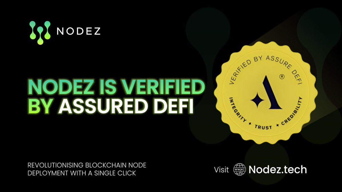 0xhurriee's tweet photo. NODEZ $NODE (Launch Scheduled for Today)

🗓 26th Sep 2024, 16:00 UTC
🤝 Incubated by Sentinel $SNT @sentinelbotai
✅ KYCd / Approved by @AssureDefi 

🔥 Nodez is a no-code infrastructure orchestration platform designed to simplify node deployment, management, and monitoring for EVM operators and node validators.

💎 With the $NODE token, Nodez will drive DeFi growth, enhance cross-chain interoperability, and foster a thriving ecosystem of validators and stakers. The token utility includes:

- Token-Based Governance with Voting Power
- Revenue Sharing for Token Holders
- API Access for Token Holders
- Reduced Fees for Node Deployment & Management
- Exclusive Access to Hyped Nodes

Website: https://t.co/LzJUtARXGe
TG: https://t.co/6evjW09dyv
DApp: https://t.co/NzYeWUuCvC
Twitter / X:  @nodeztech 
Assure Defi KYC Docs: https://t.co/mfQNAQHsgh