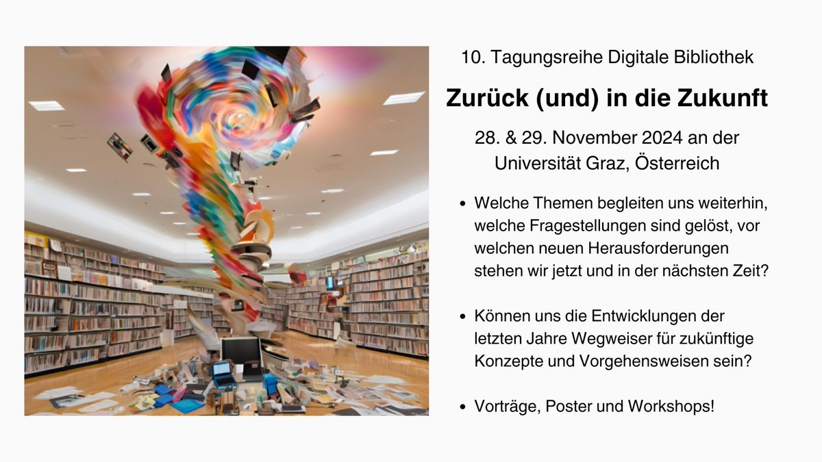 ⚡️ Zum 10. Jubiläum lädt die Tagungsreihe #DigitaleBibliothek an die <a href="/UniGraz/">Uni Graz/University of Graz</a> &amp; <a href="/DH_Graz/">DH Graz</a>, um mit Vorträgen, Postern, Workshops u.vm. "Zurück (und) in die Zukunft" zu blicken:
📍28. &amp; 29. November
Detailinformationen zu Tagung &amp; Programm, sowie Anmeldung:
👉conference.ait.co.at/digbib/index.p…