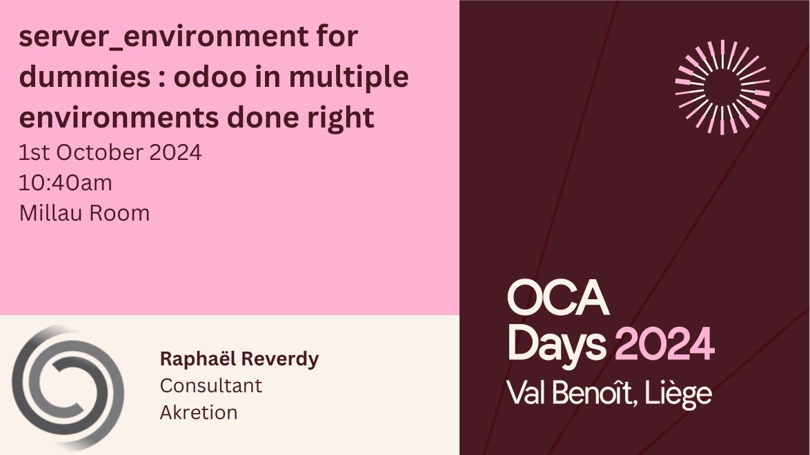 OdooCommunity's tweet photo. #OCADays2024 are next week!

server_environment for dummies : odoo in multiple environments done right  - Raphaël Reverdy
https://t.co/jkrc4uwkOz 

Tuesday 1st October - 10:40am
Millau Room
Streaming on our YouTube Channel https://t.co/CDWkNzdTal

#odoocommunityassociation #oca https://t.co/pK4KBVAJ1e