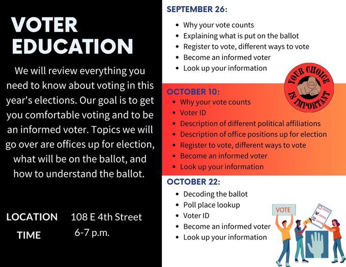🗳️ Be an Informed Voter!

Join us tonight for our first Voter Education Session from 6-7 PM at 108 E 4th St. Learn everything from ballot decoding to voter ID and more!
Make sure your voice is heard this election season!

#VoterEducation #YourVoteMatters