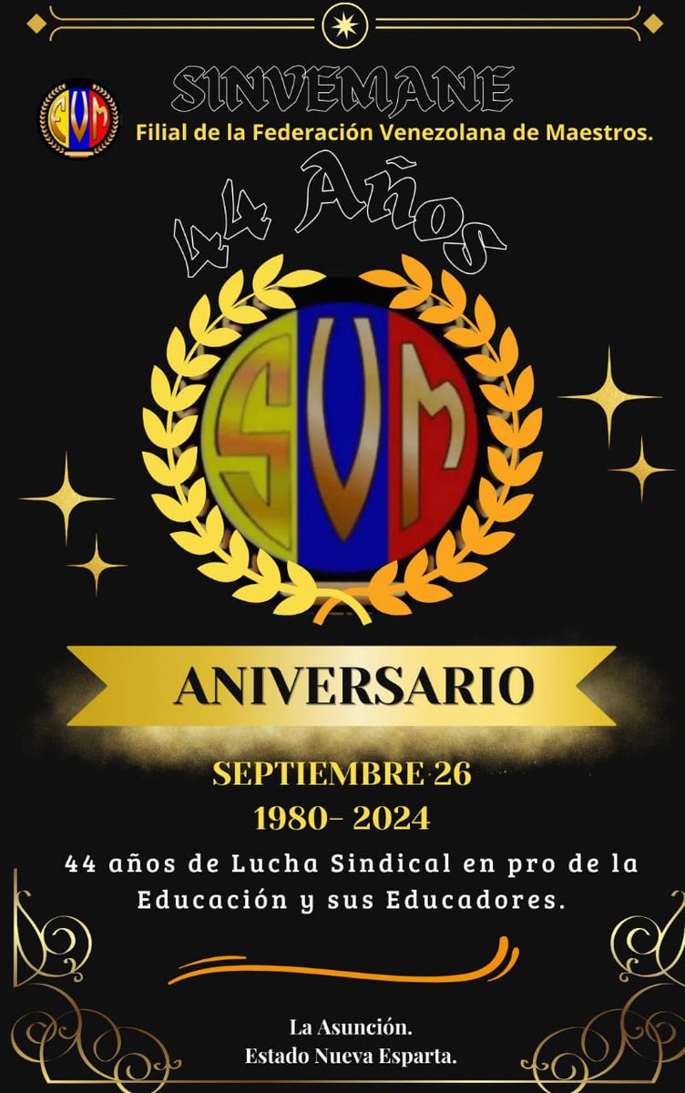 fevemaestros's tweet photo. Desde la FVM nos sumamos a la conmemoración del SINVEMA Nueva Esparta, sindicato filial de la FVM consecuente con los derechos de los educadores.  
📌44 años de compromiso ininterrumpido en la defensa del magisterio por una vida digna, por los intereses del niño y la educación. https://t.co/kgWxiQK8Uz