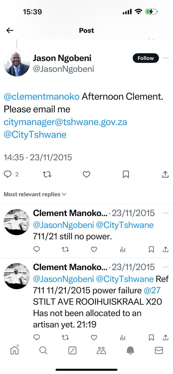 clementmanoko's tweet image. Stop the generalization and fear-mongering. Our lived experiences differ. In 2016, @CityTshwane under @JasonNgobeni and @Kgosientsho_R were responsive to my problem and resolved it efficiently. Others ‘blue tick’ as a general rule, so 🤷🏽‍♂️