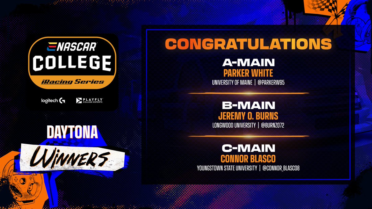 ENASCARGG's tweet photo. The eNASCAR College iRacing Series has officially kicked off, and drivers are locked in. 

Here are your A-Main, B-Main, and C-Main #eCiS Daytona winners: https://t.co/w5ynePuorE