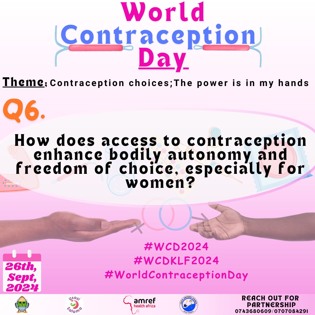 kilifi_youth's tweet photo. How does access to contraception enhance bodily autonomy  and freedom of choice  especially women?
#WCD2024 
#WCDKLF2024 
#WorldContraceptionDay
@Amref_Kenya  @DOHKilifi https://t.co/1055n22gNT
